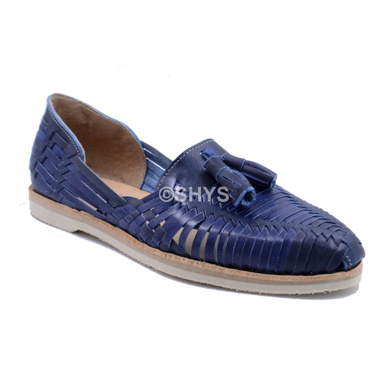 Mexican Huaraches Shoes Sz 9 Handmade Leather Tan Blue Loafer Boho Hippie Native Mexico - Blue Tooled Lace Up Leather Huaraches  main image 4