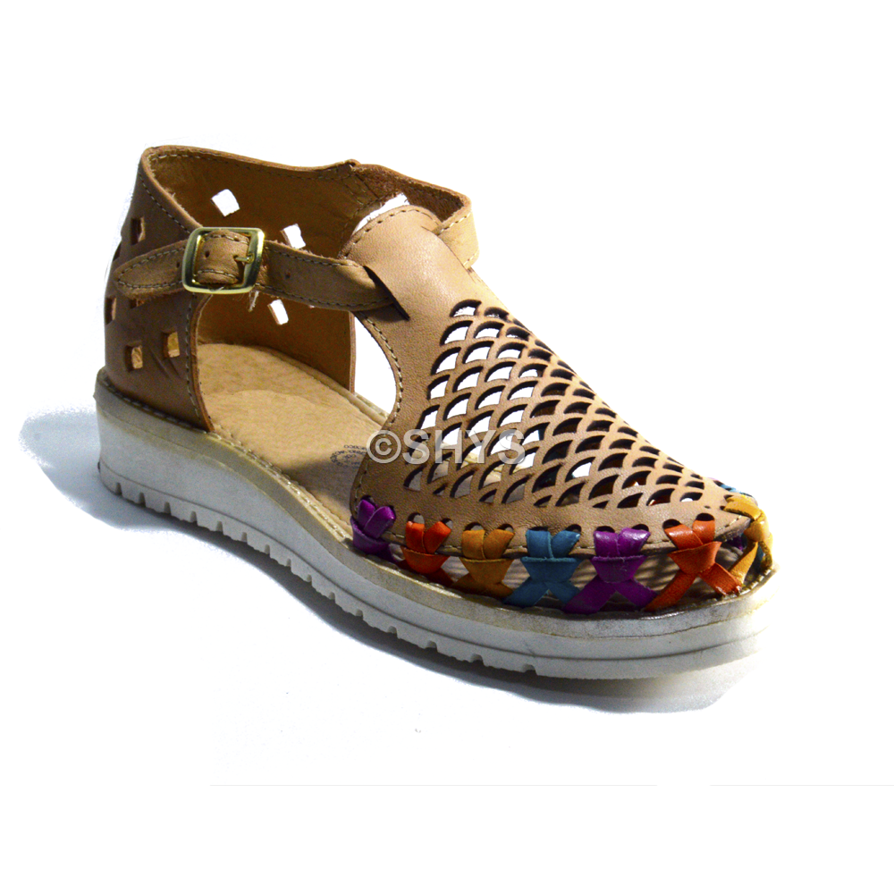 Leather Mexican Wedge Sandals For Woman Huaraches Tan Pink Blue Orange Dps-073