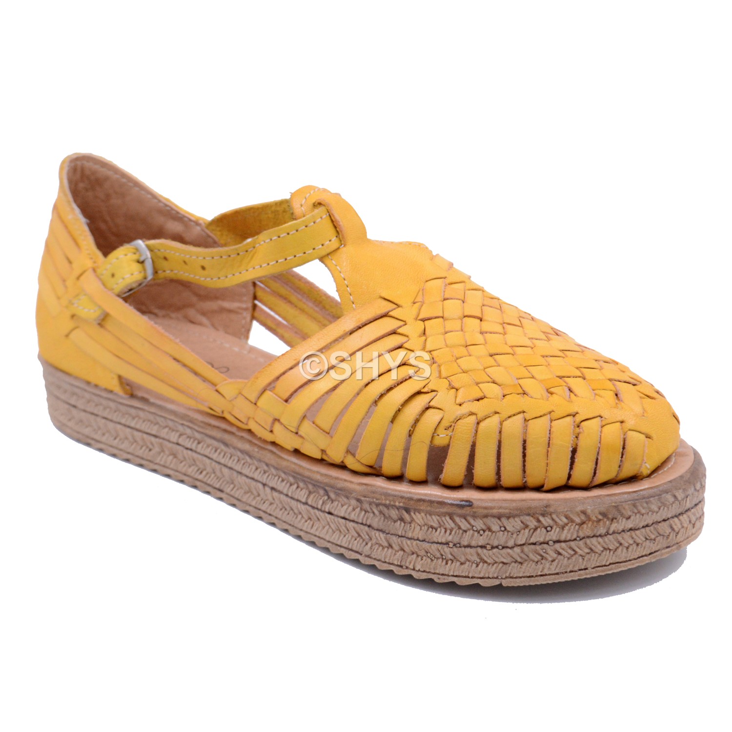 Leather Mexican Wedge Sandals For Woman Huaraches Yellow Dps-088
