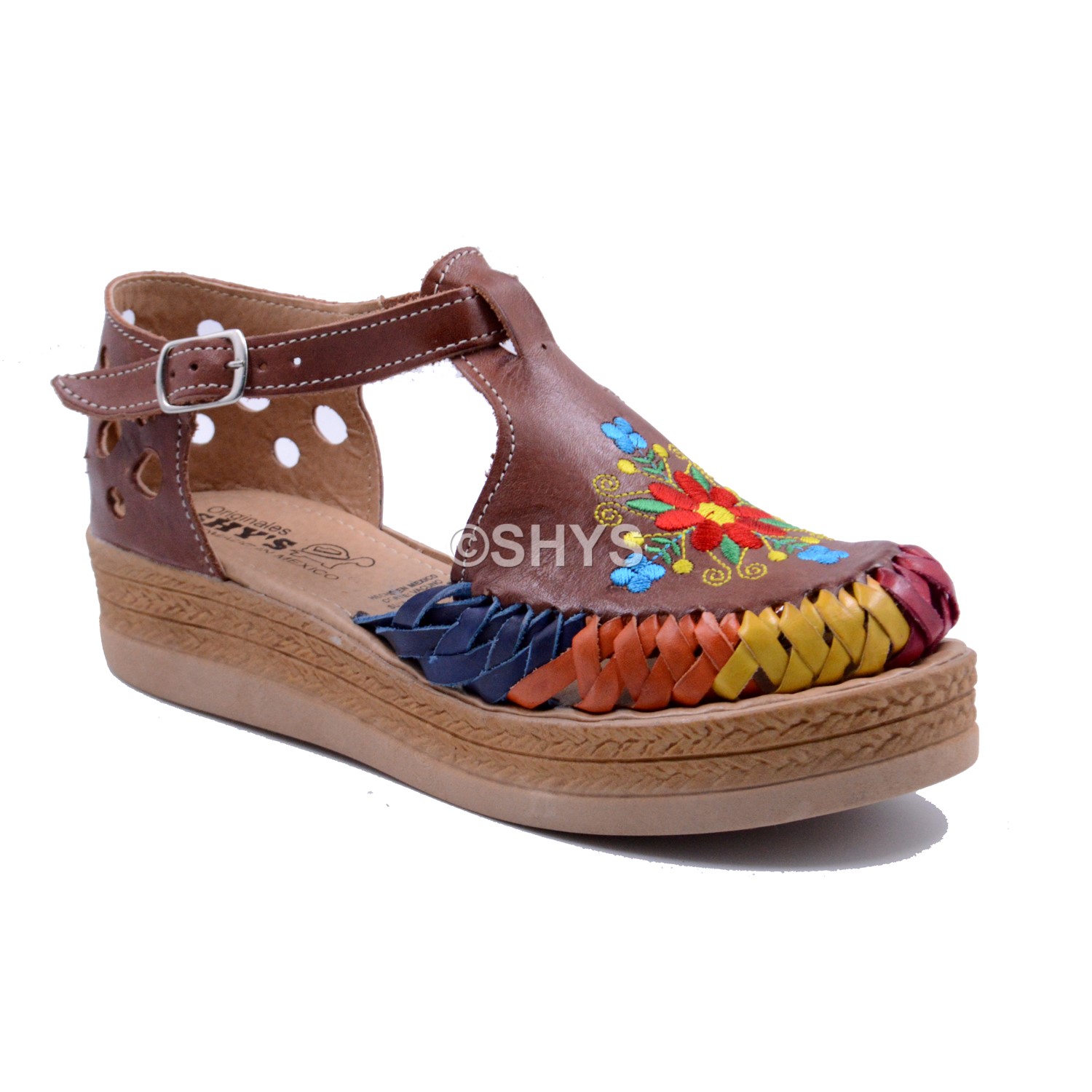 Leather Mexican Wedge Sandals For Woman Huaraches Blue Yellow Chedron Dps-086