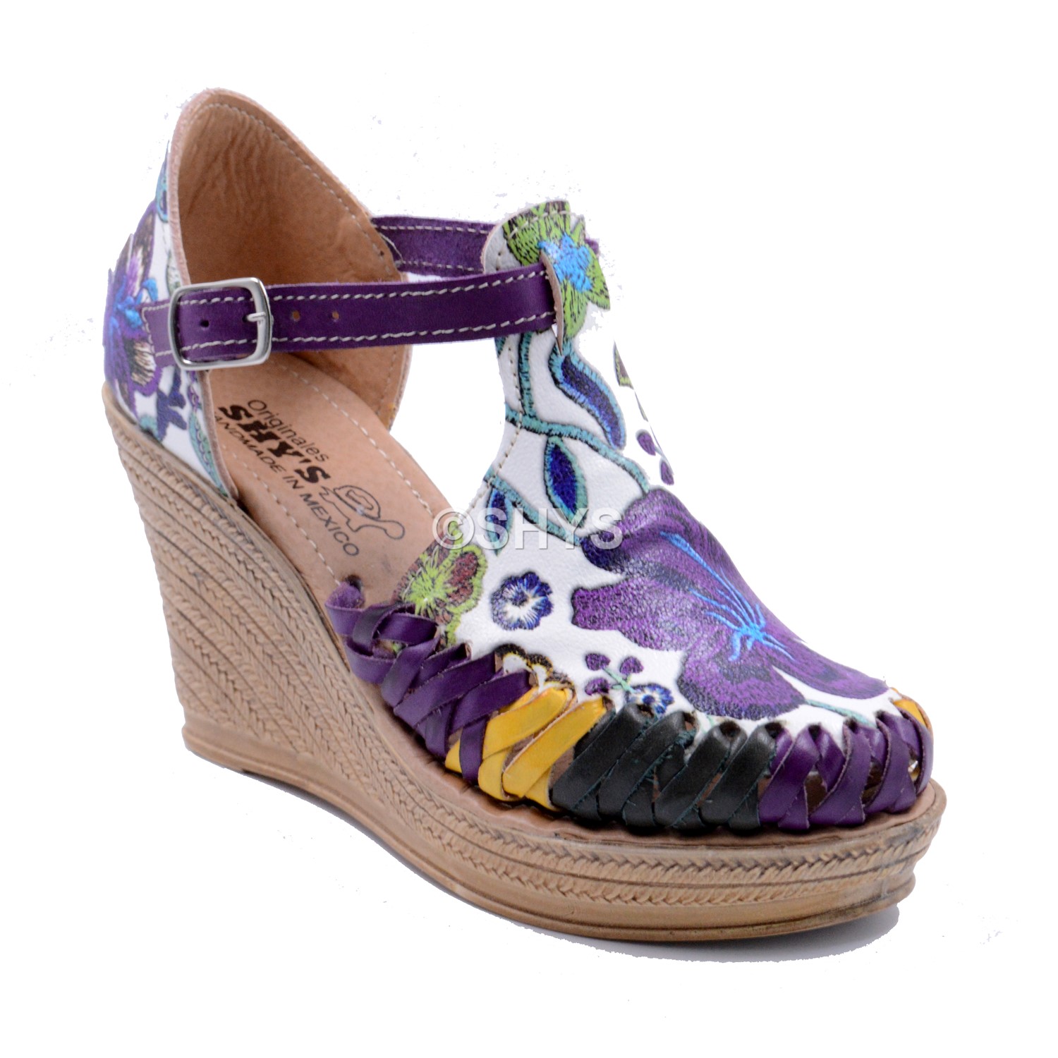 Leather Mexican Wedge Sandals For Woman Huaraches Purple Green Print Dps-068