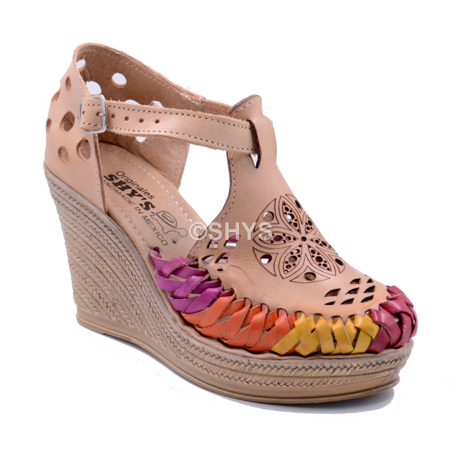 Leather Mexican Wedge Sandals For Woman Huaraches Tan Pink Yellow Dps-077