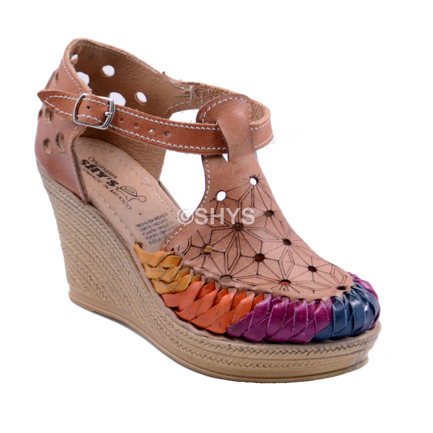 Leather Mexican Wedge Sandals For Woman Huaraches Orange Yellow Chedron Dps-043