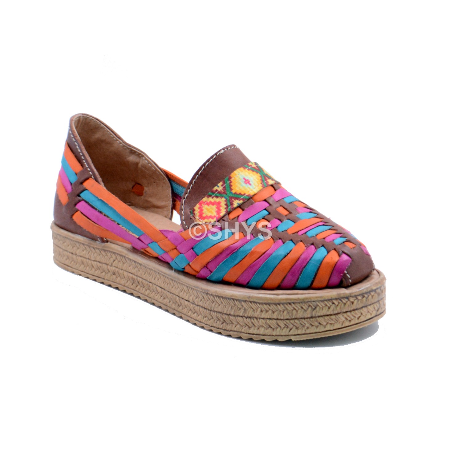 Leather Mexican Wedge Sandals For Woman Huaraches Light Blue Pink Chedron Dps-037