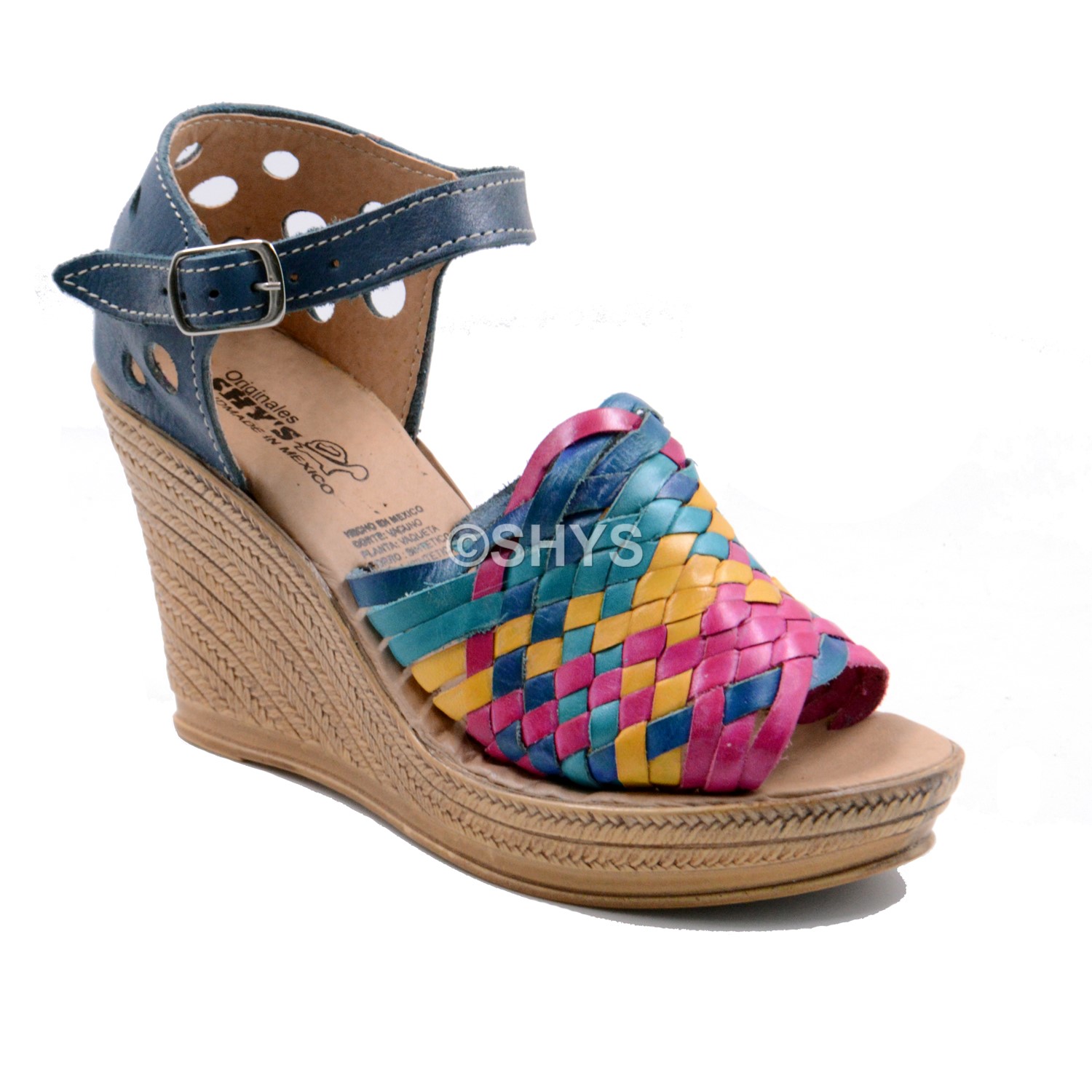 Leather Mexican Wedge Sandals For Woman Huaraches Blue Orange Pink Dps-104